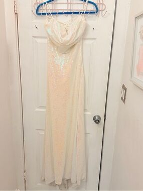 B Darlin Ivory Iridescent Sequin Cowl Neck Maxi Dress